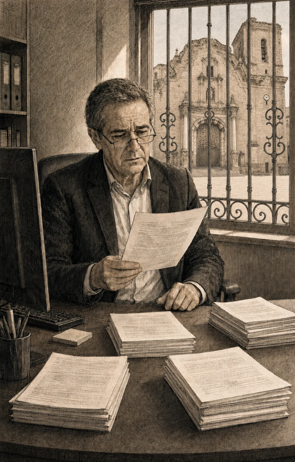 Don Vicente lee un documento en su despacho del Ayuntamiento, con la iglesia de Cabanes tras la ventana enrejada