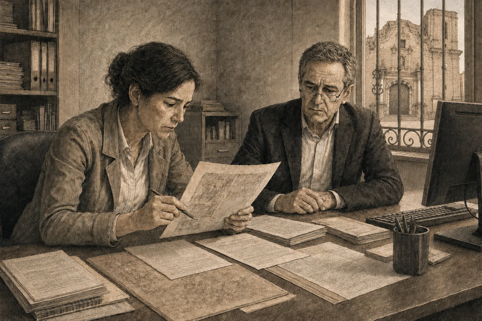 Isabel examina una hoja del expediente mientras Don Vicente la observa junto a la ventana del Ayuntamiento
