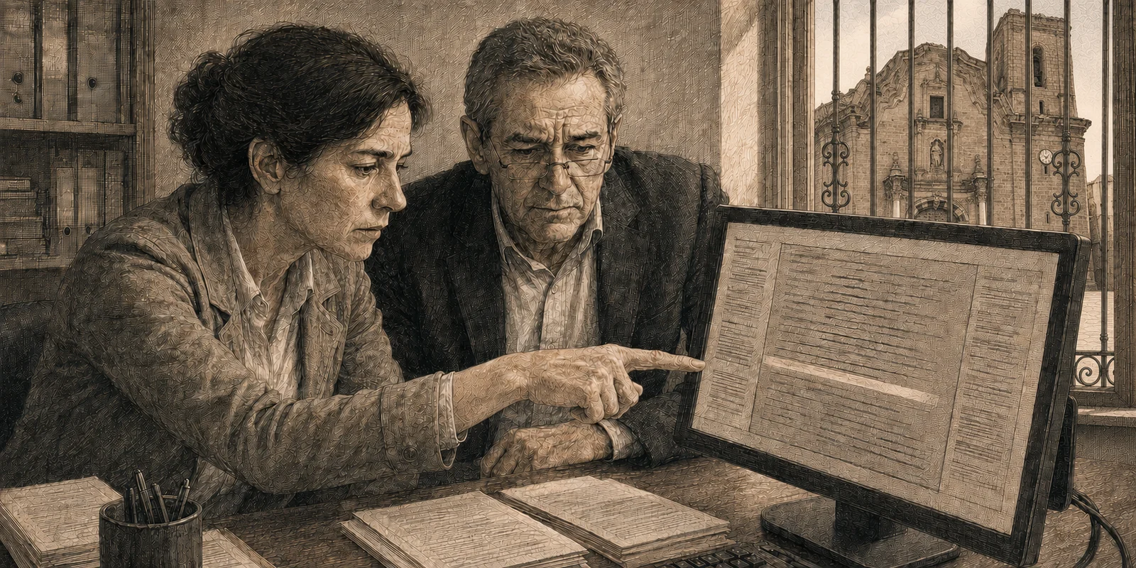 Isabel señala una línea en la pantalla mientras Don Vicente se inclina para leerla