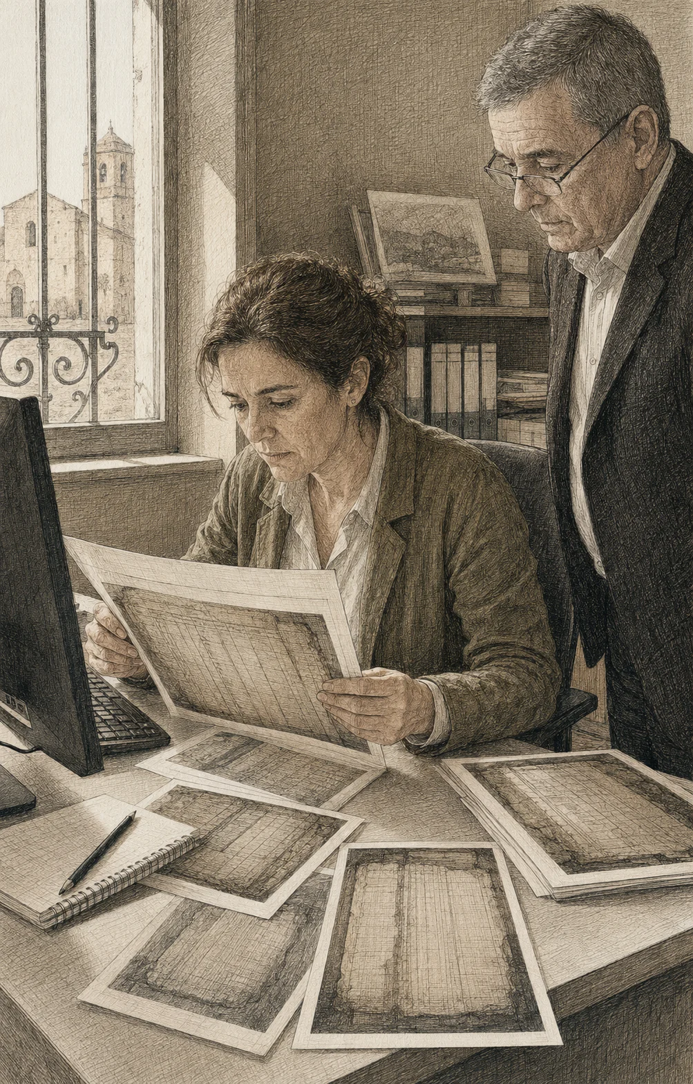 Isabel examina la reproducción del manifiesto mientras Don Vicente observa a su lado.