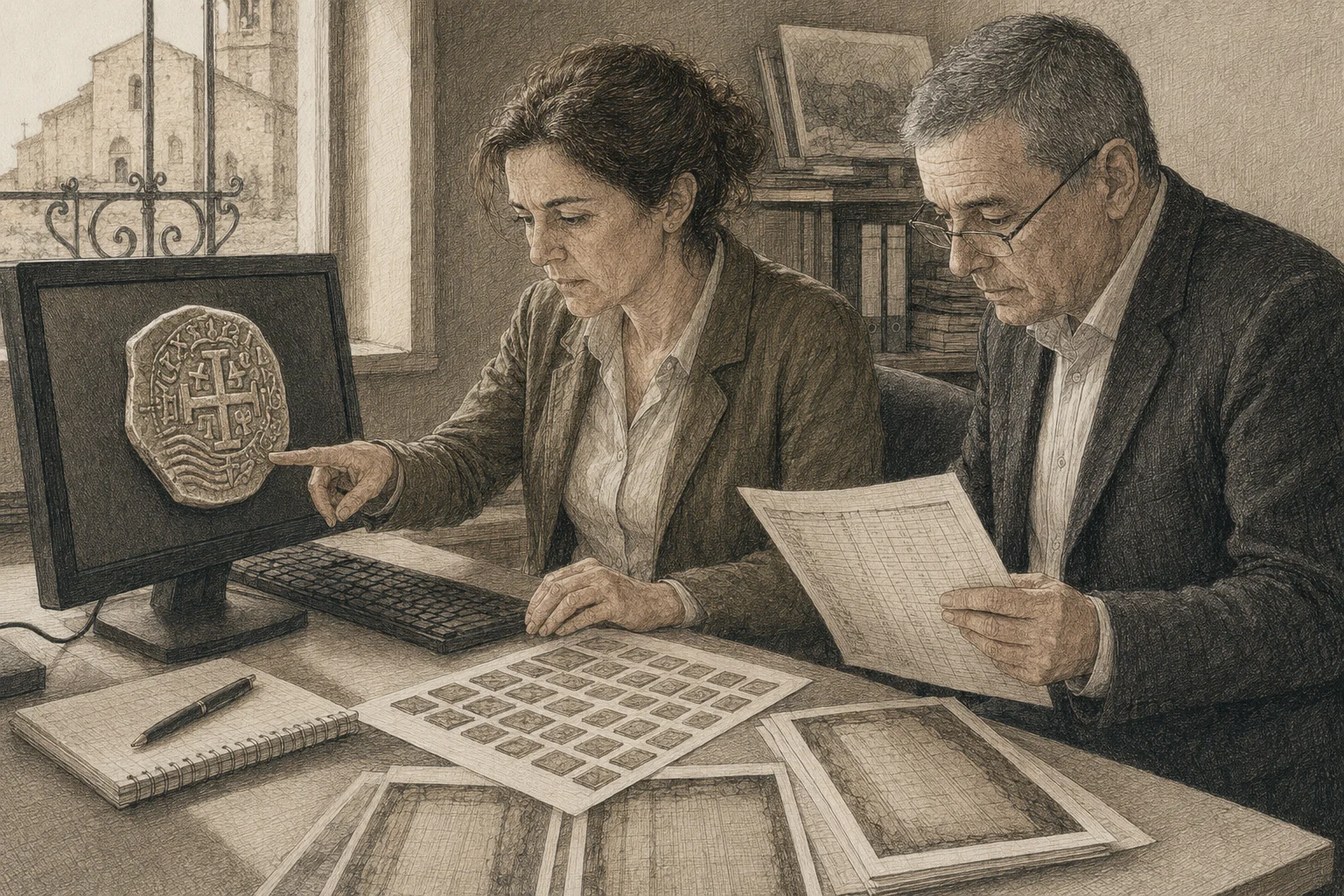 Isabel señala en la pantalla una moneda de ocho escudos mientras Don Vicente revisa el manifiesto.