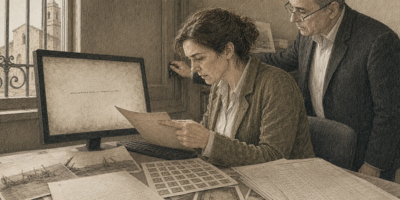 Isabel examina el reverso de un folio junto al ordenador mientras Don Vicente observa a su espalda.