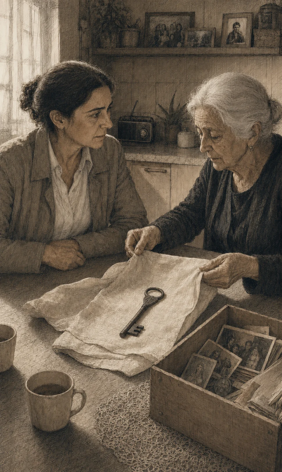 María muestra a Isabel una ramita de boxa negra guardada con plantas secas y papeles.