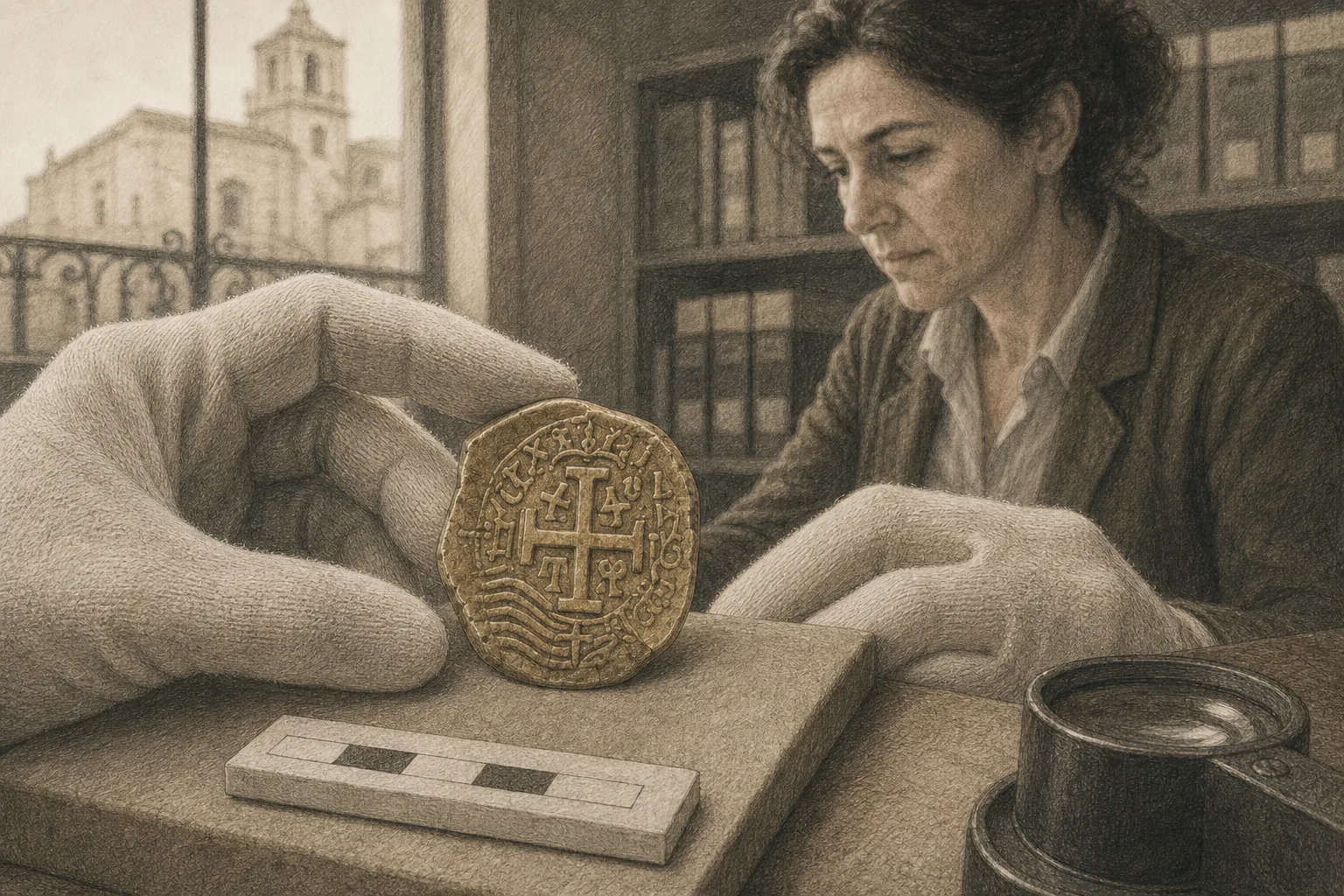 Una moneda irregular de ocho escudos de Lima se examina junto a una escala de archivo.