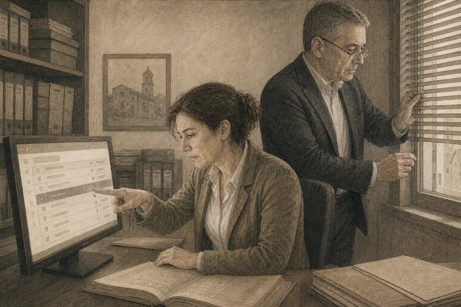 Isabel muestra una solicitud reciente de acceso al manifiesto mientras Don Vicente cierra la ventana del despacho.