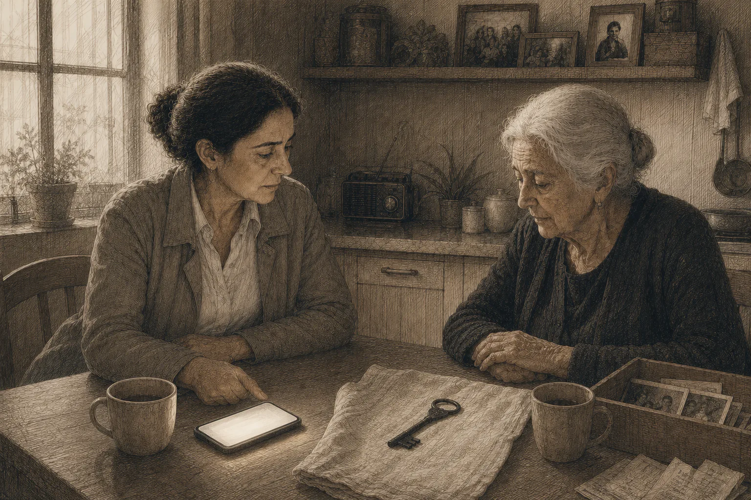 El teléfono de Isabel interrumpe la conversación con María mientras la llave permanece protegida sobre la mesa.