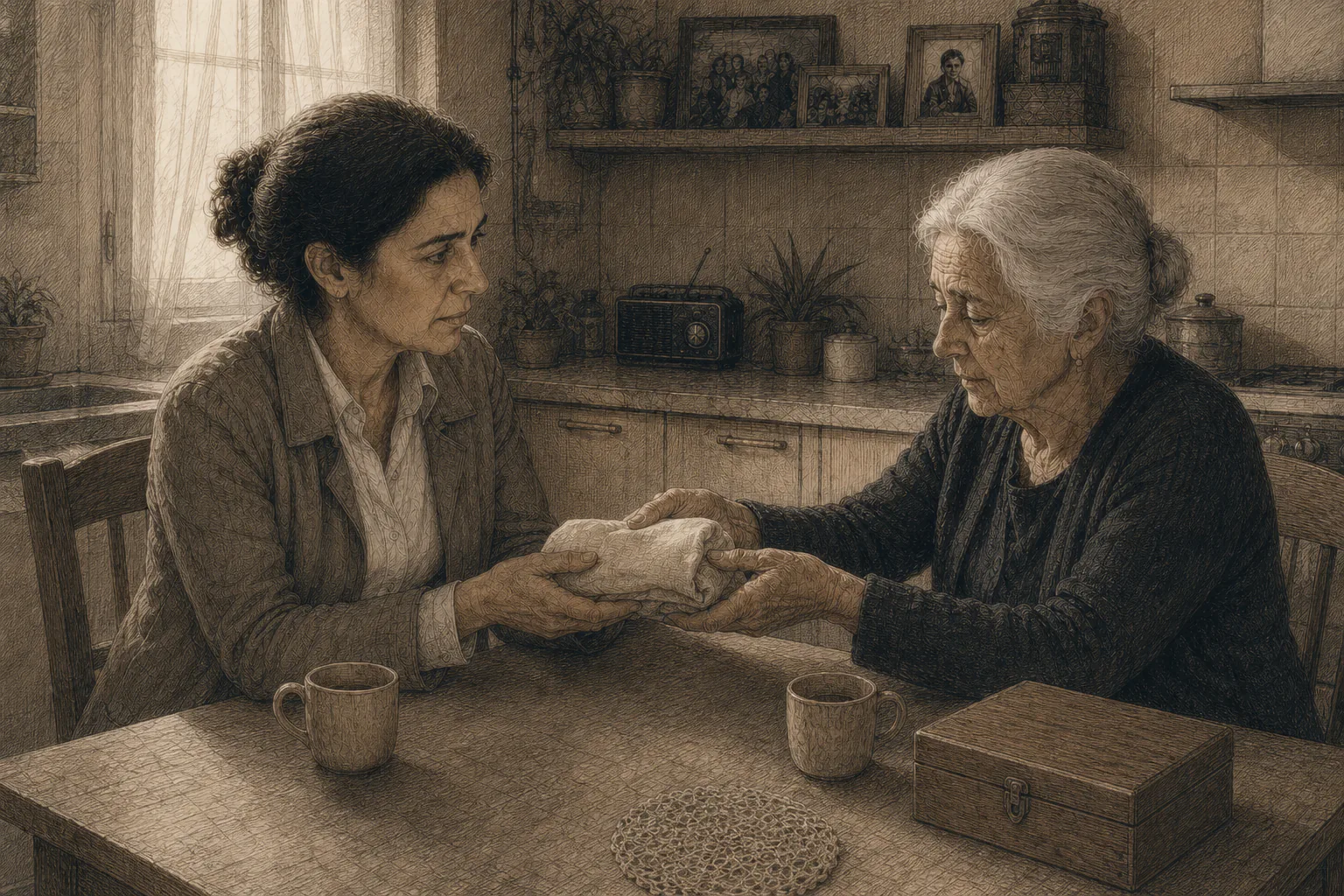 María entrega provisionalmente a Isabel la llave envuelta en un paño para que pueda documentarla.