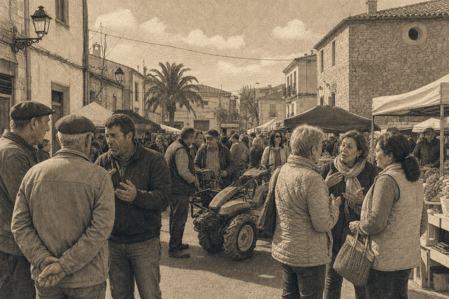 Grupos de vecinos conversan sobre las ochenta arcas entre puestos y maquinaria de la Fira de Sant Andreu.