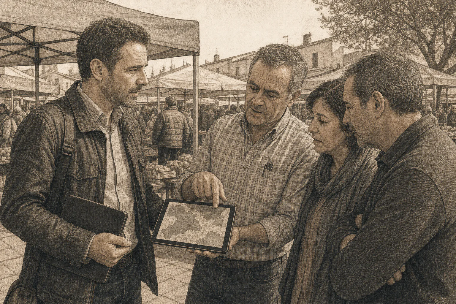 Edward Hale muestra un mapa en una tableta a varios vecinos y escucha sus indicaciones.
