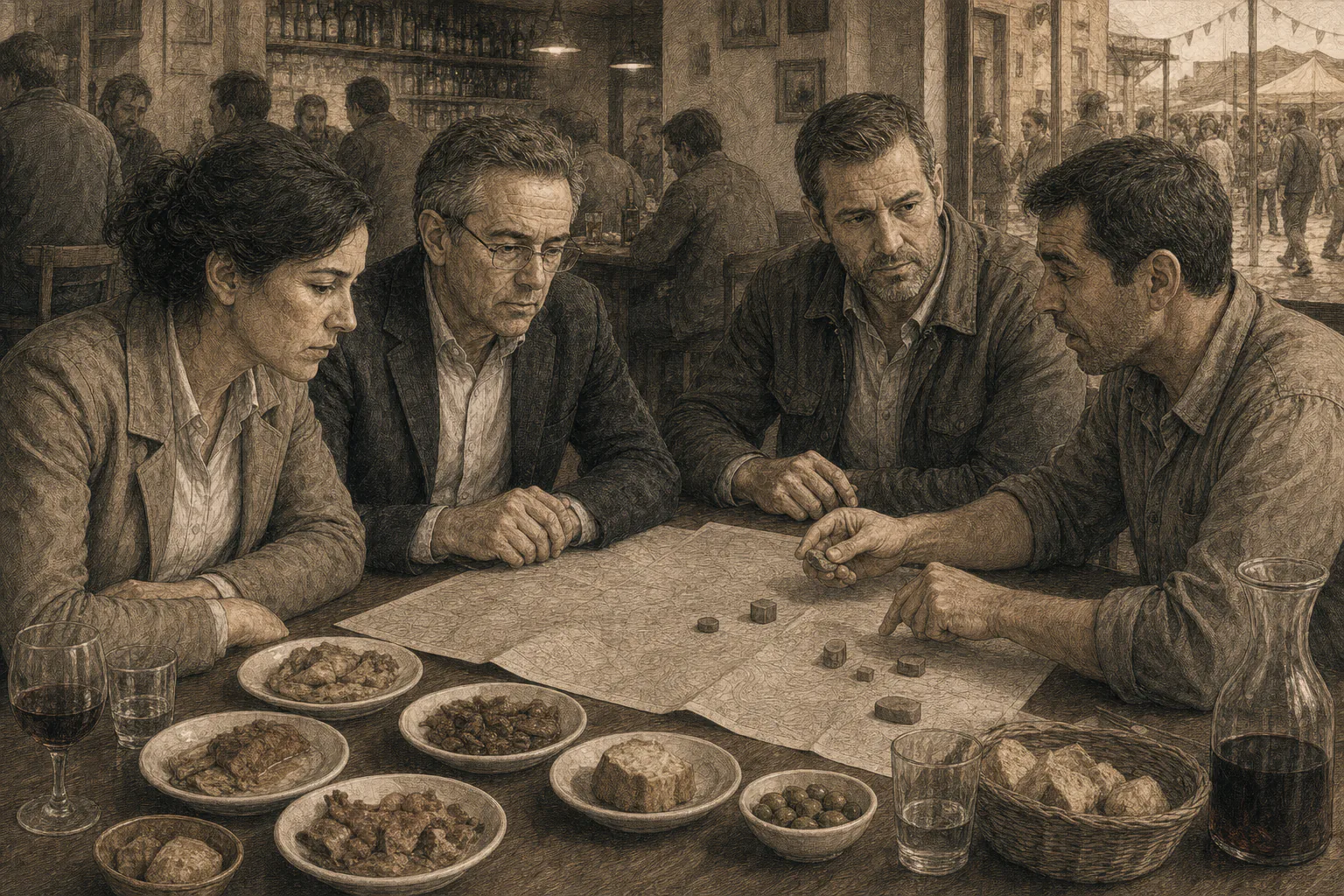Isabel, Don Vicente, Hale y Vicent conversan alrededor de una mesa del Bar Toni.