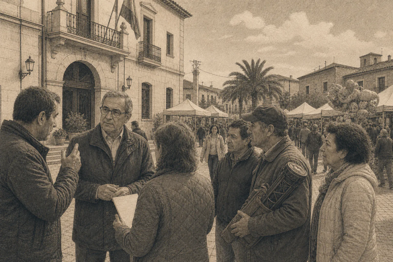 Don Vicente atiende consultas de varios vecinos frente al Ayuntamiento durante la Fira de Sant Andreu.