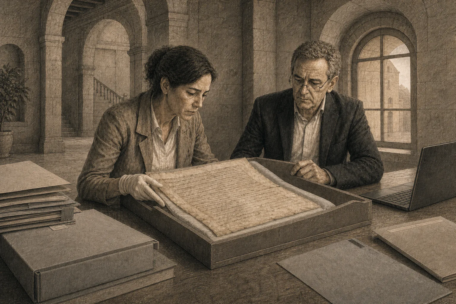 Isabel y Don Vicente examinan una copia de la Carta Pobla y sus referencias territoriales.