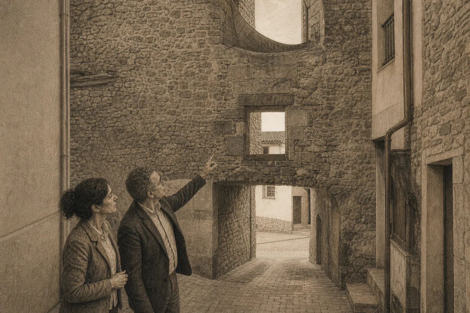 Isabel y Don Vicente observan el Portal del Sitjar y las señales conservadas junto al antiguo horno.