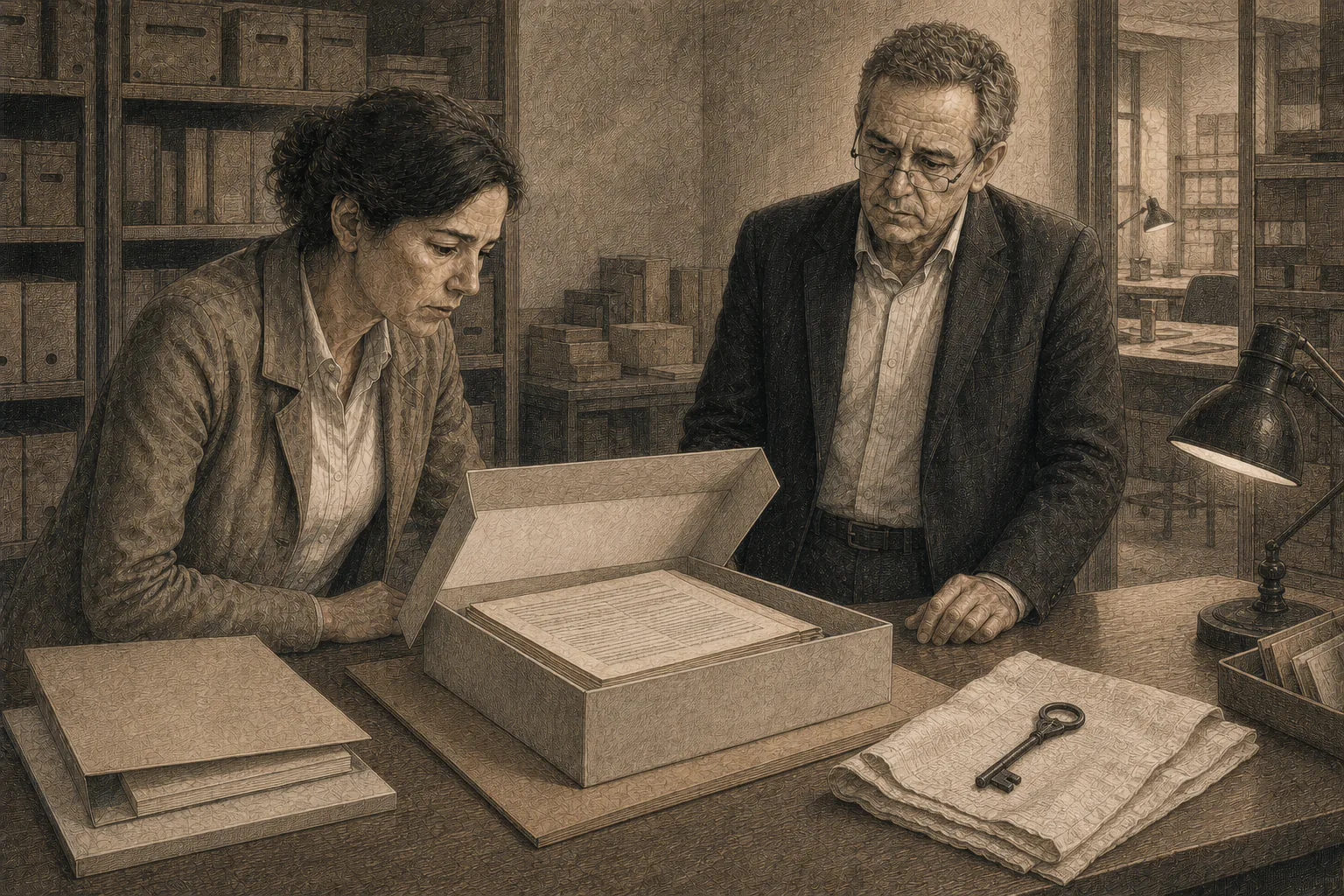Una caja de archivo de Rixer conserva fotografías, escrituras y un paquete familiar atado.