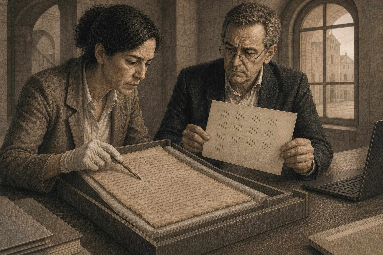 Isabel y Don Vicente comparan la cláusula de hallazgos de la Carta Pobla con la cifra de ochenta arcas.