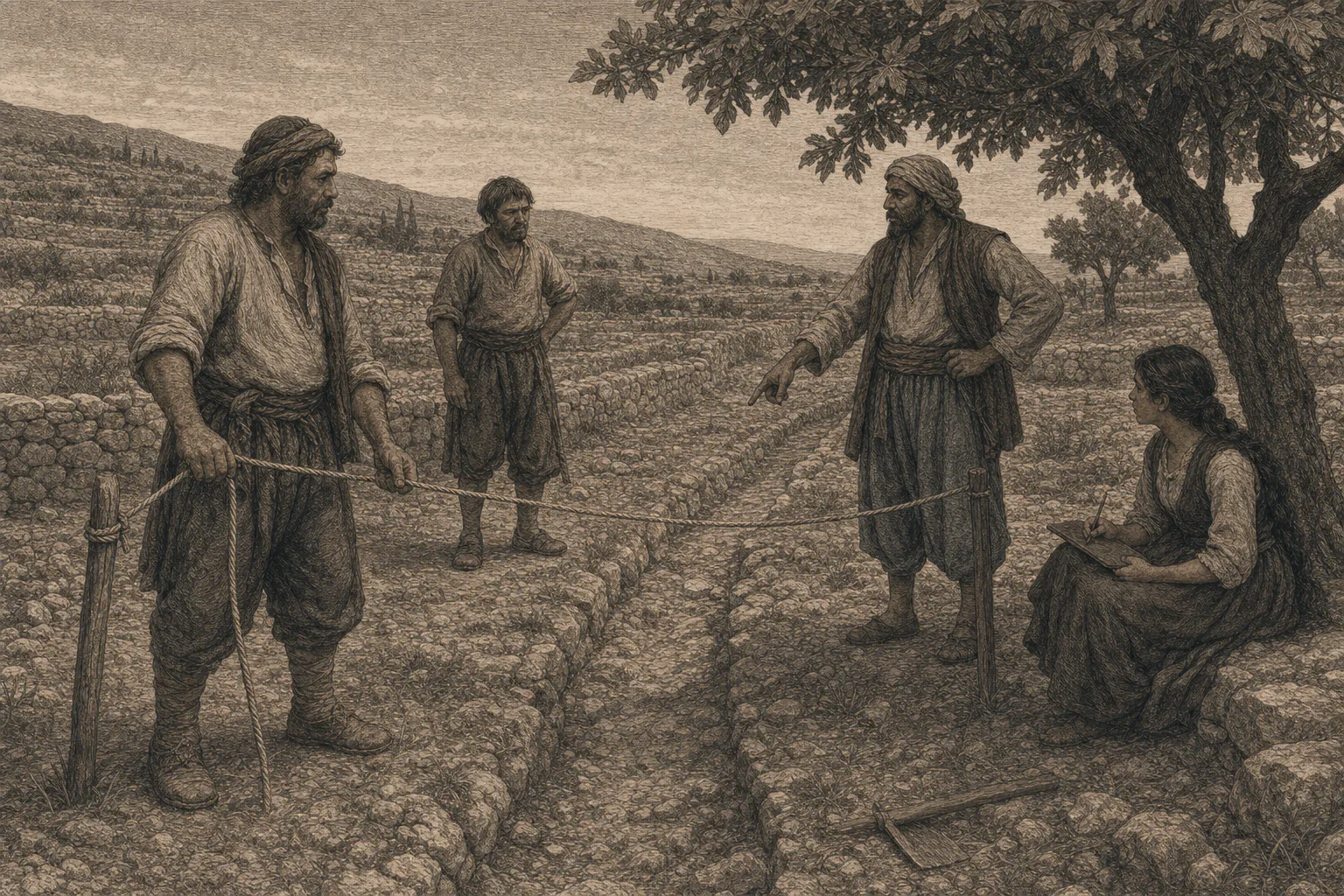 Bernat mide una parcela mientras Yusuf advierte sobre una acequia seca y Elionor registra los nombres del territorio.