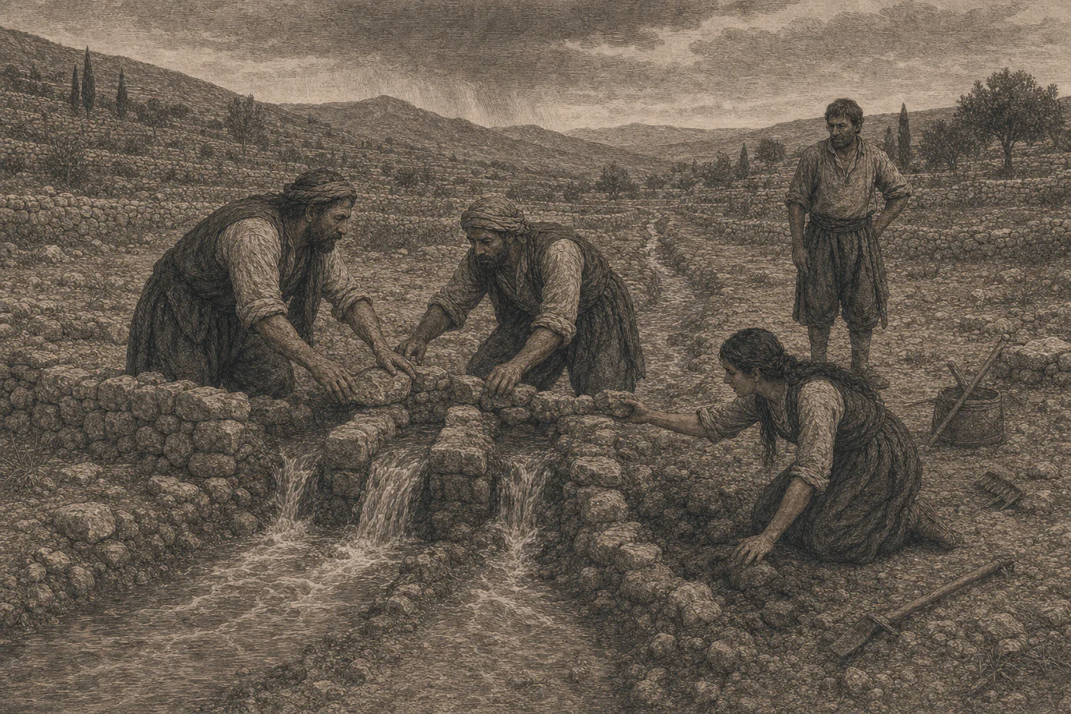 El agua llegada desde la montaña revela el cauce oculto ante Bernat, Yusuf y Elionor.