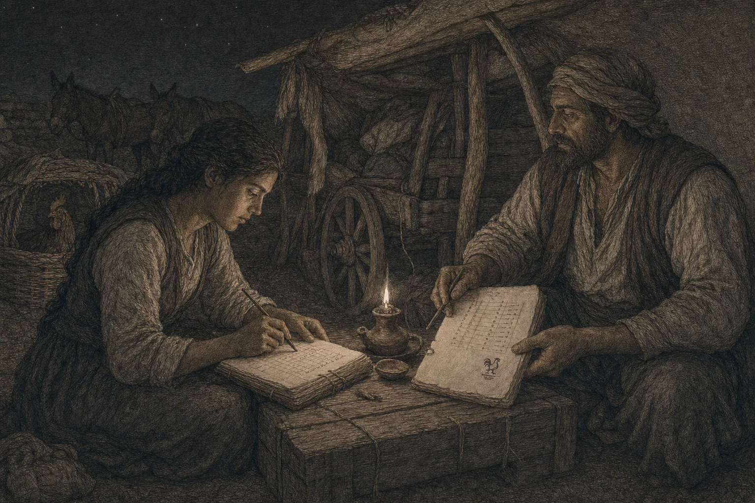Elionor inicia el Libro de las Señales mientras Bernat dibuja el gallo sobre tres líneas.