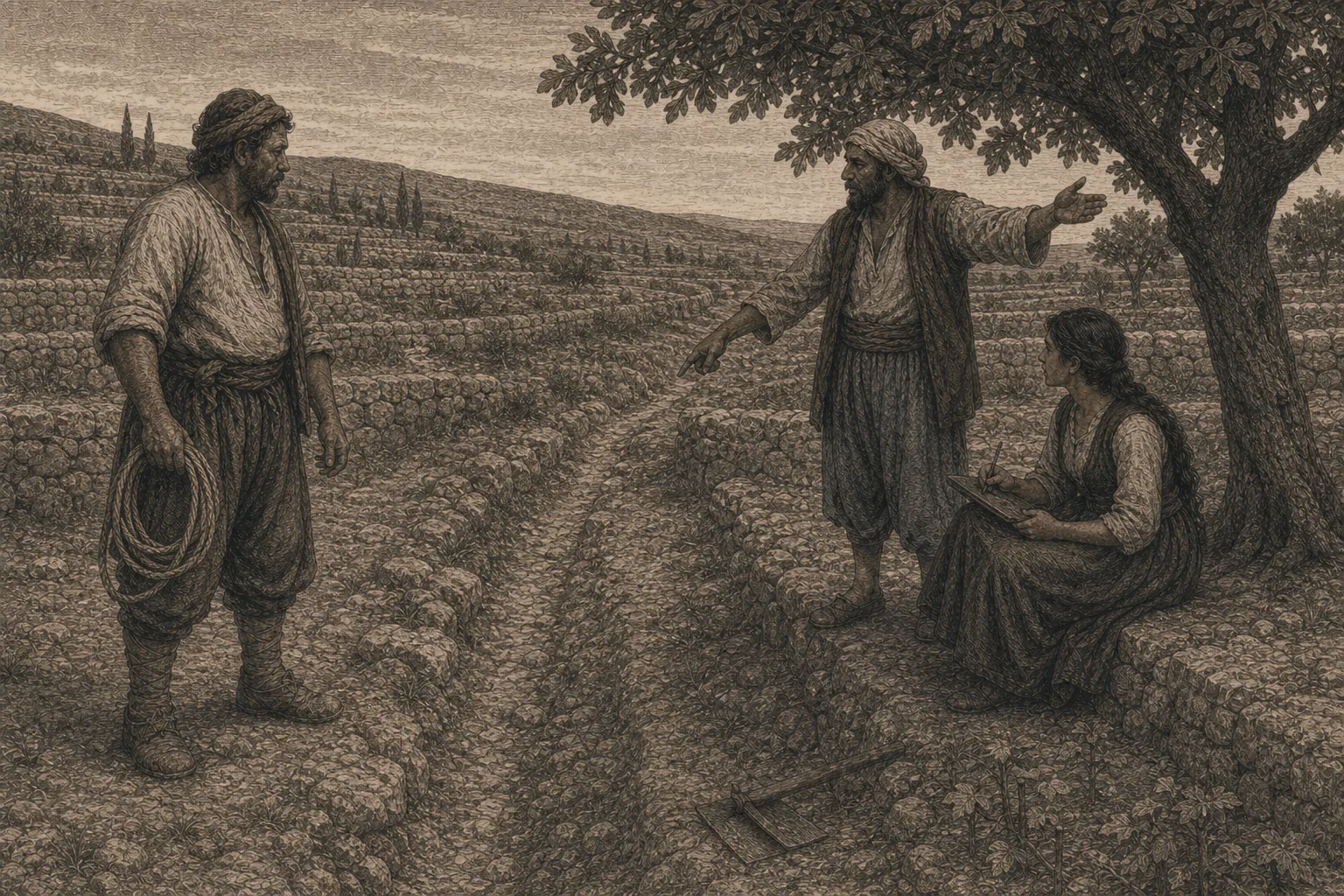 Elionor escucha a Yusuf explicar los usos del terreno mientras Bernat detiene la medición de una parcela en 1243.