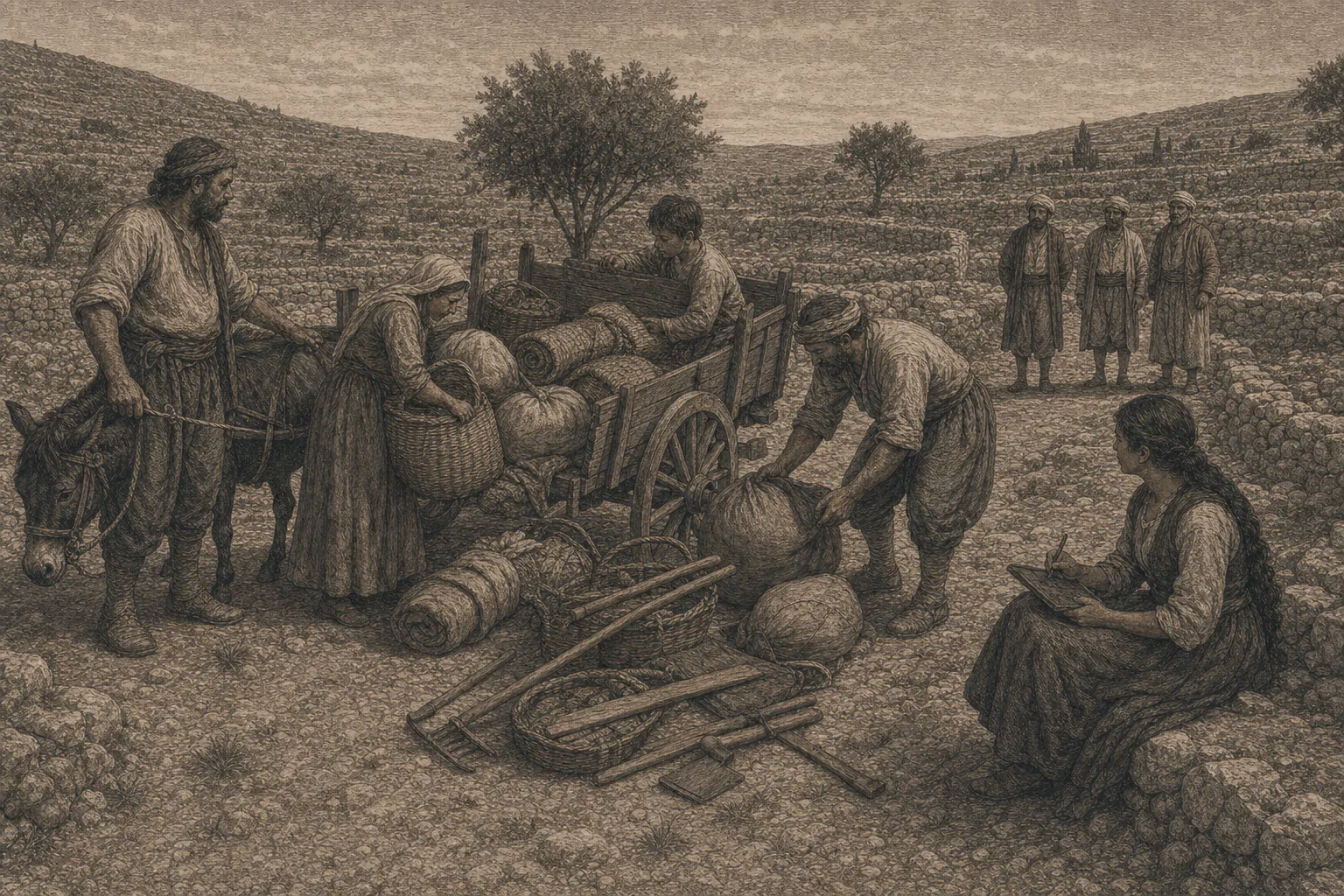 Familias recién llegadas descargan sus pertenencias mientras Elionor registra los nombres y usos del territorio de Rixer.