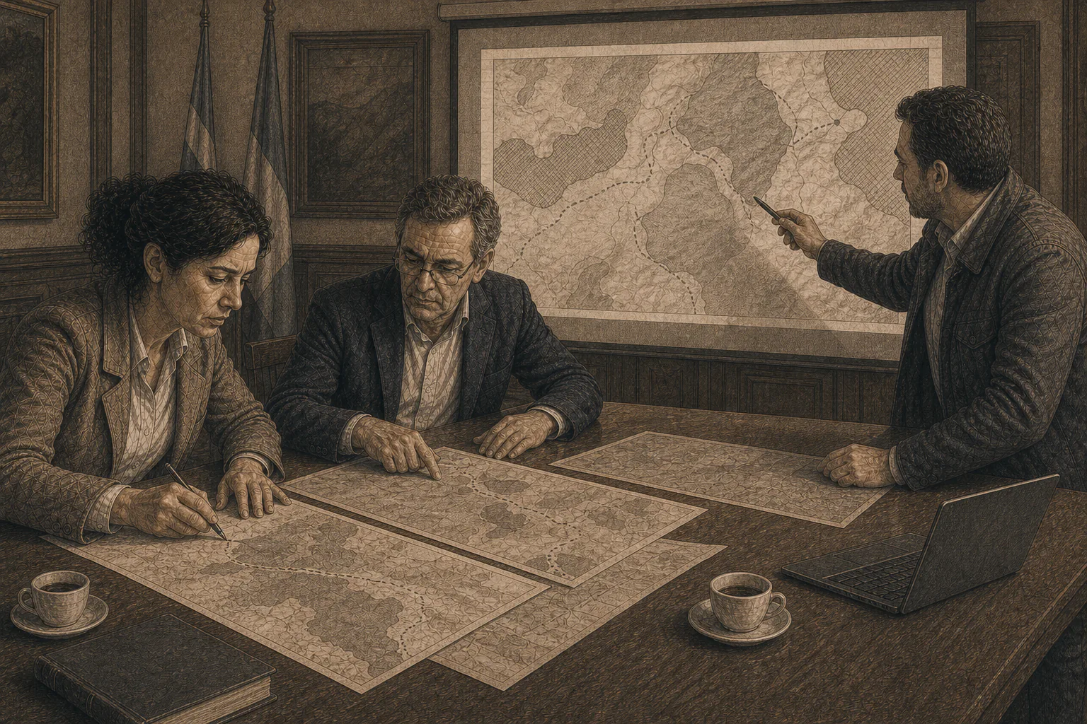 Hale e Isabel comparan capas cartográficas de distintas épocas mientras Don Vicente observa.