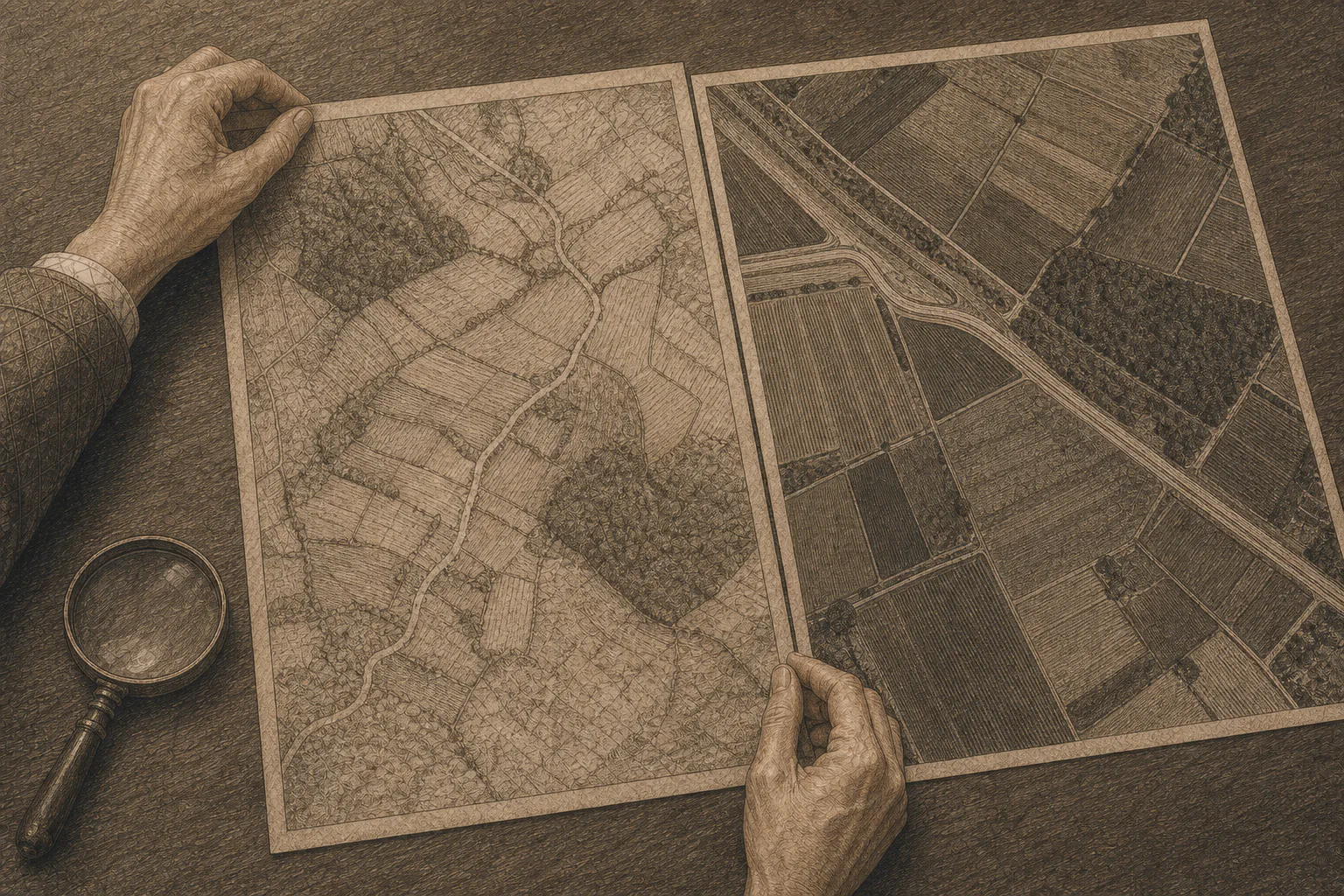Isabel compara un mapa de 1938 con una imagen actual y observa cómo desaparece un camino antiguo.