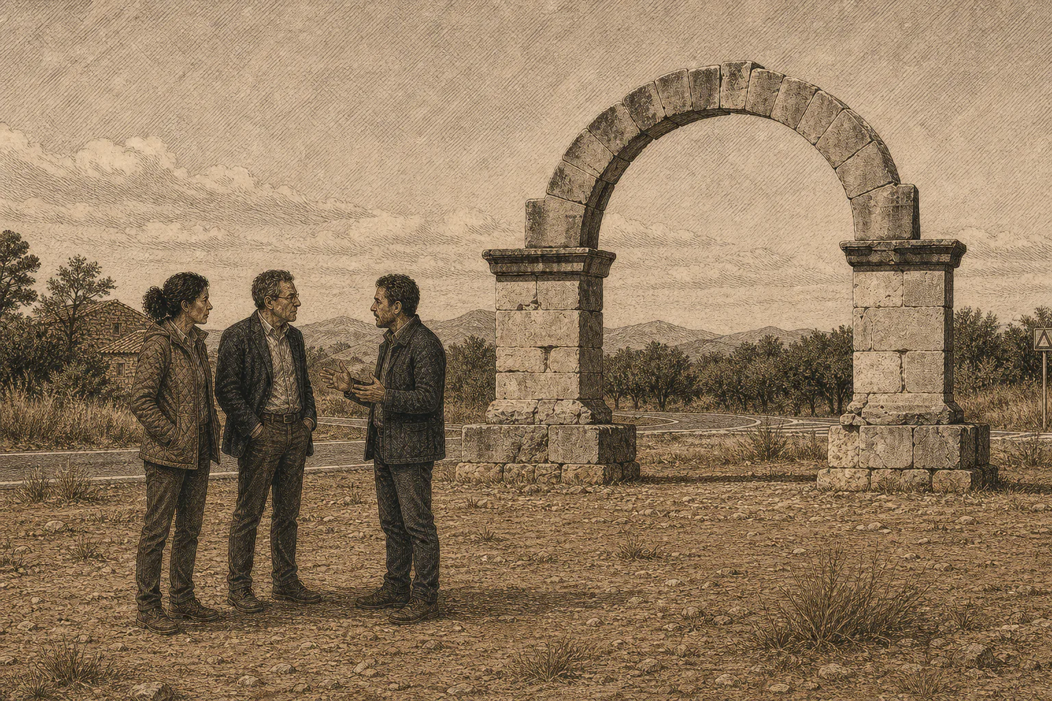 Isabel, Don Vicente y Hale observan el Arco de Cabanes y distinguen el monumento de las tradiciones sin prueba.