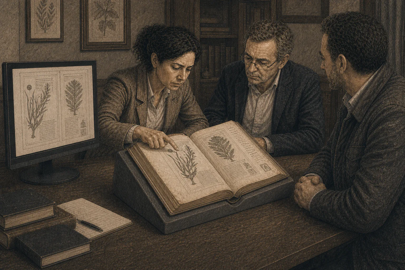 Isabel compara la edición original de Cavanilles con una copia familiar y separa las anotaciones posteriores.