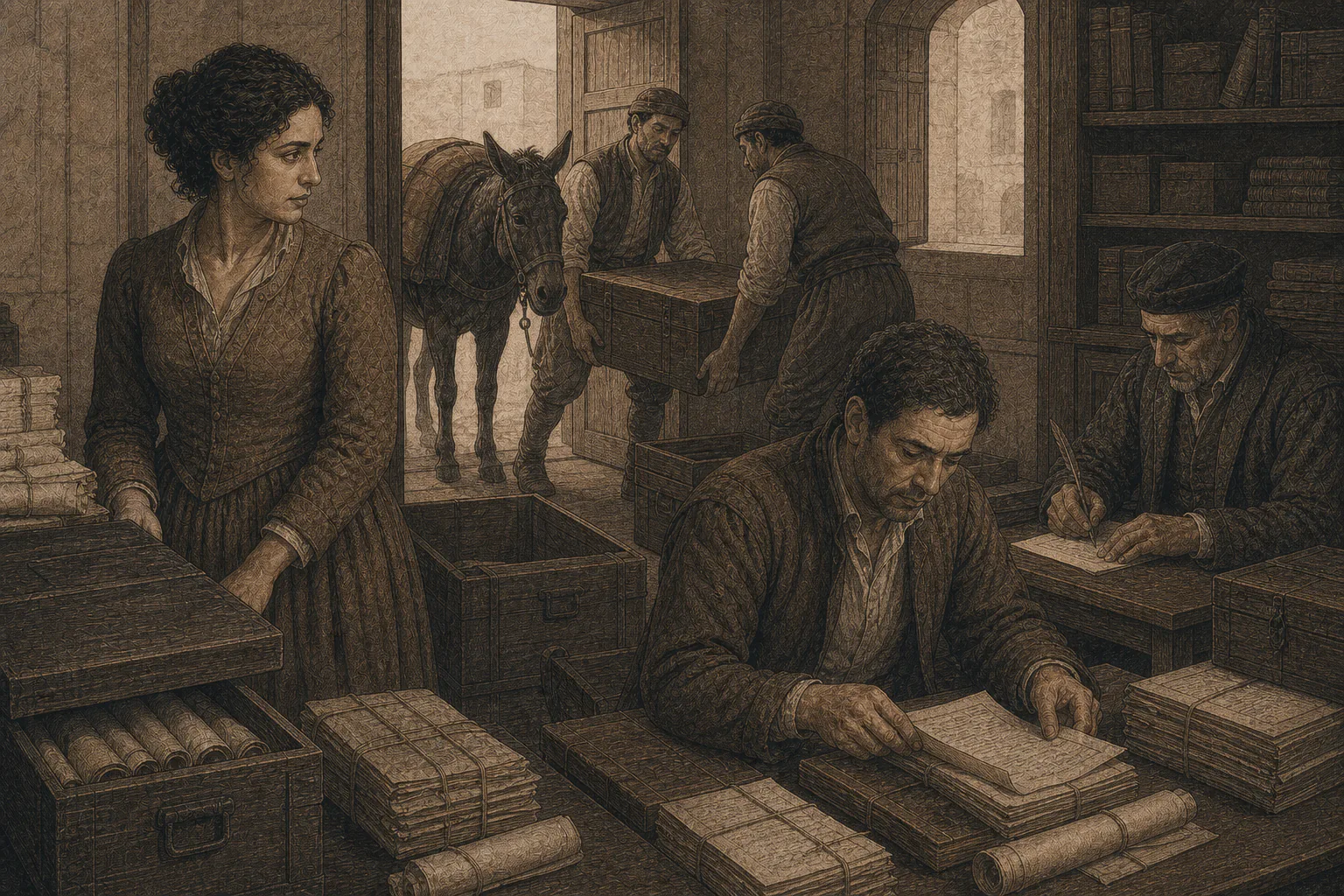 Arrieros descargan arcas, legajos y rollos en una sala de archivo mientras Caterina observa.