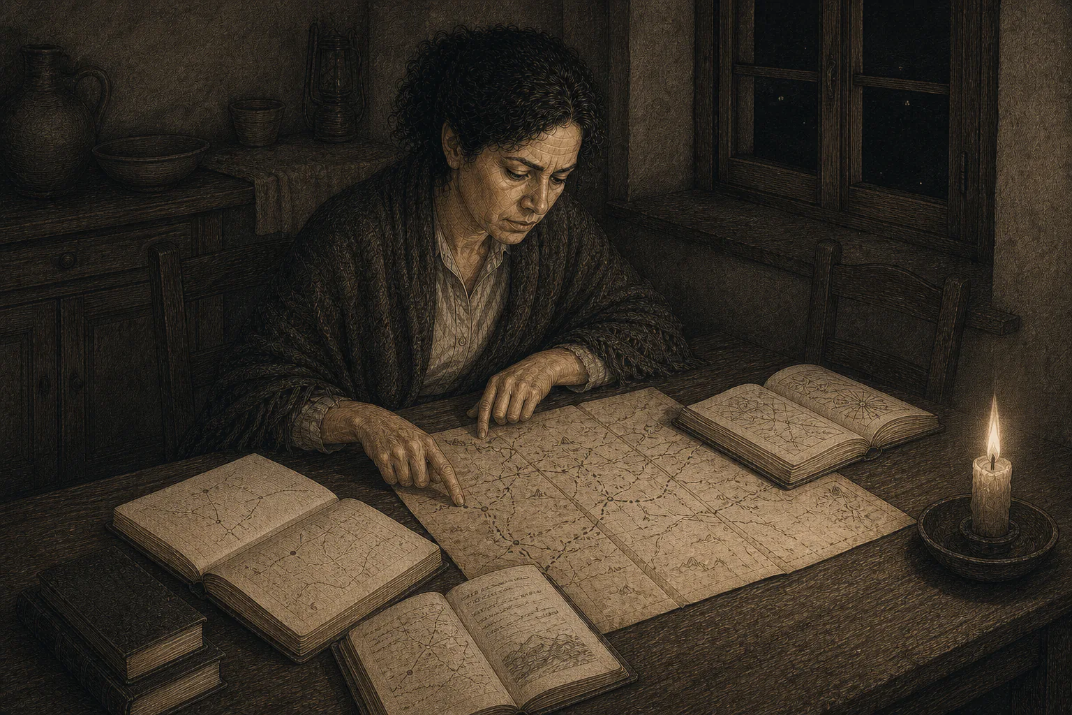 Caterina trabaja de noche con tres cuadernos y un mapa de funciones junto a tres líneas.