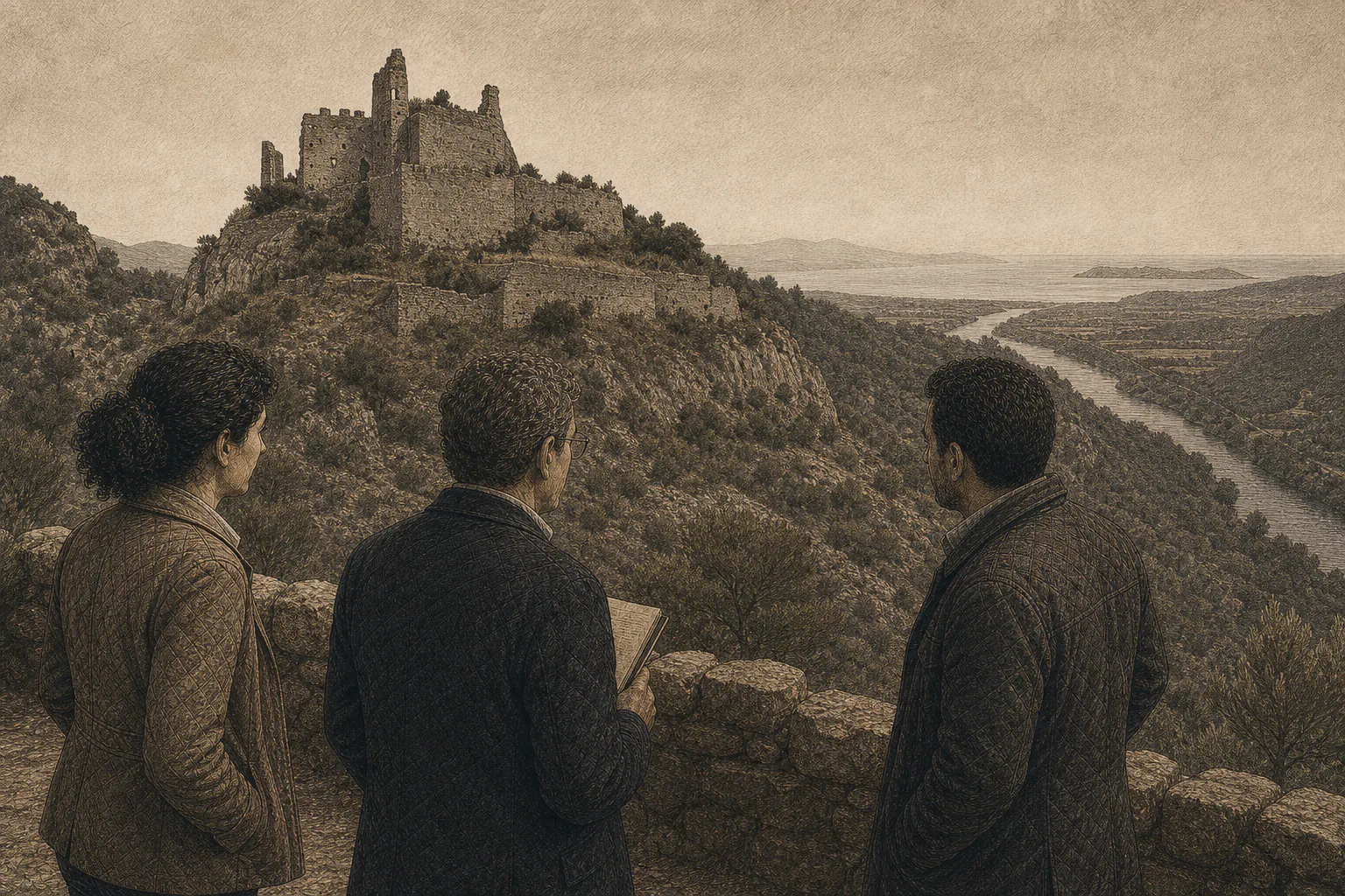 Isabel, Hale y Don Vicente observan la altura y los barrancos de Miravet desde un punto seguro.