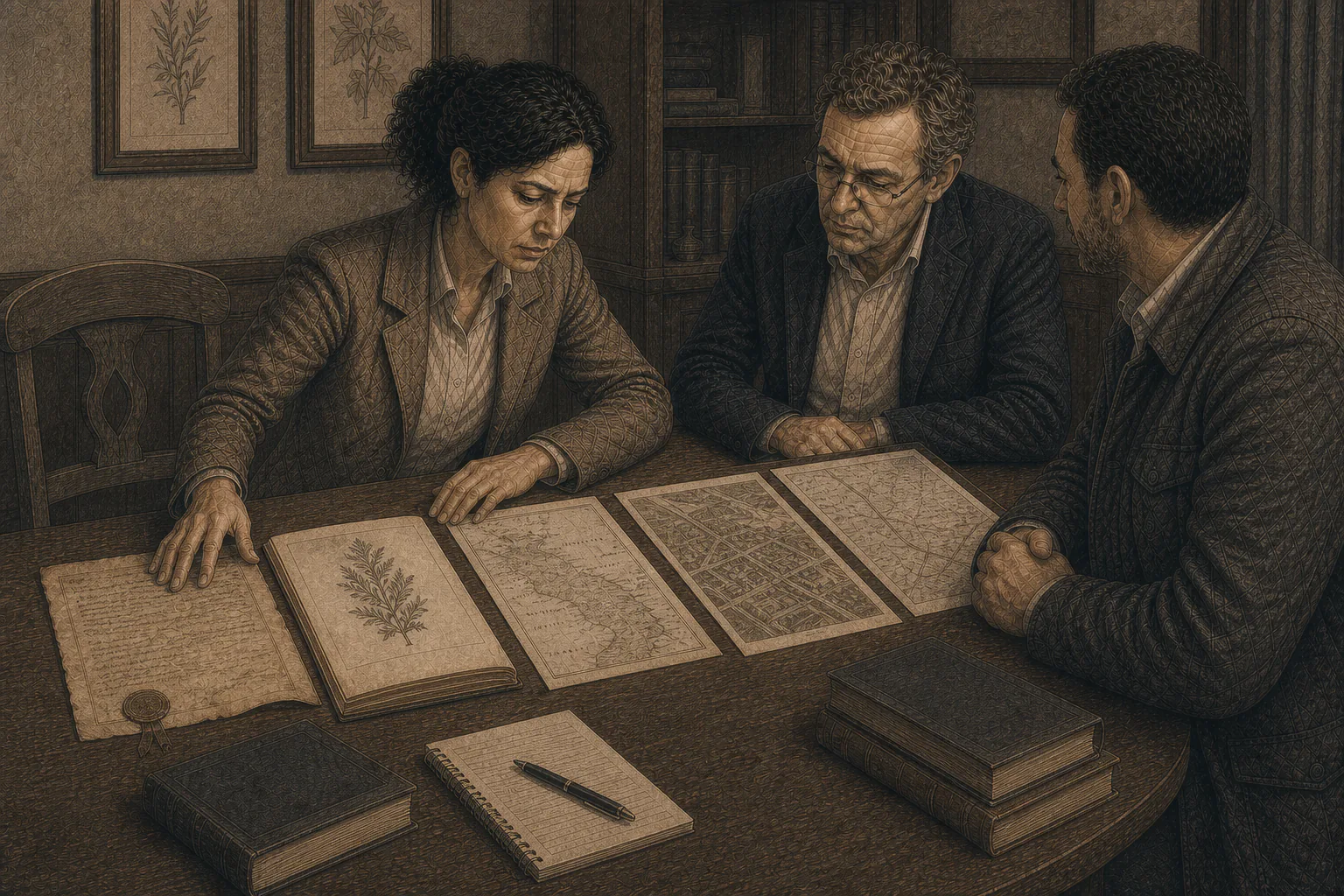 Isabel coloca cartas, mapas históricos y cartografía actual junto a una silla vacía.