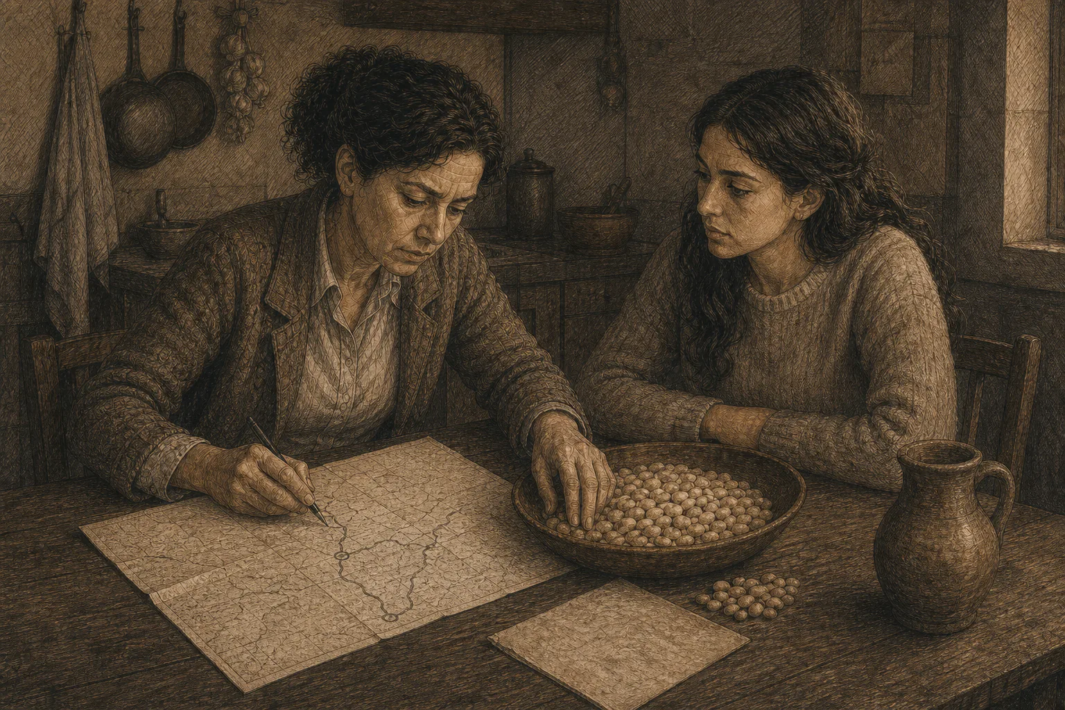 María corrige dos pasos de un mapa sobre la mesa de su cocina mientras Isabel escucha.