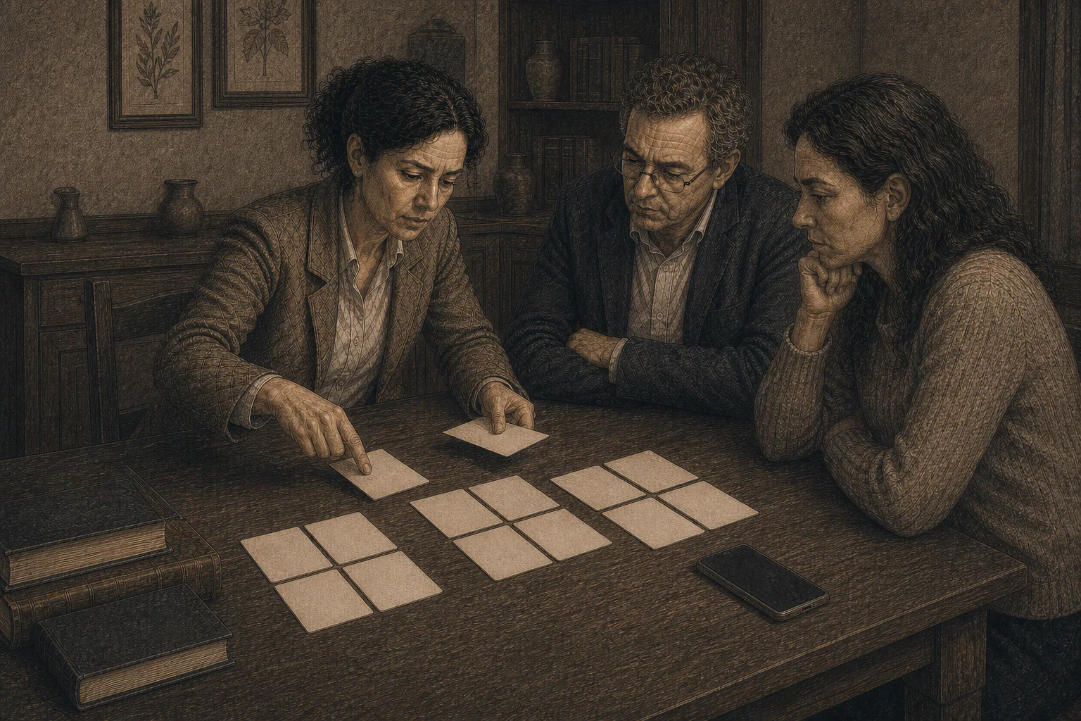 María ordena cartulinas en grupos de piedra, territorio, escritura y memoria.