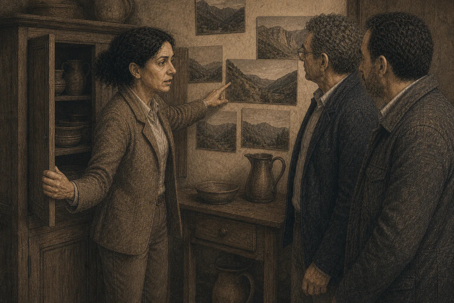 María abre un aparador y señala una repisa natural protegida en fotografías del monte.