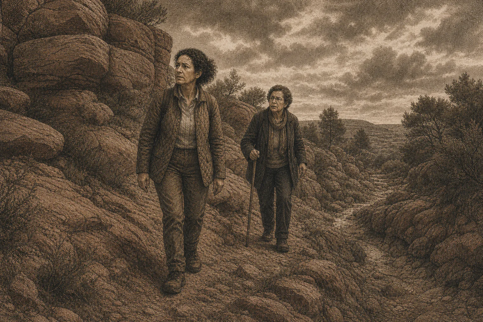 Isabel y María avanzan con prudencia por el rodeno mientras vigilan las nubes.