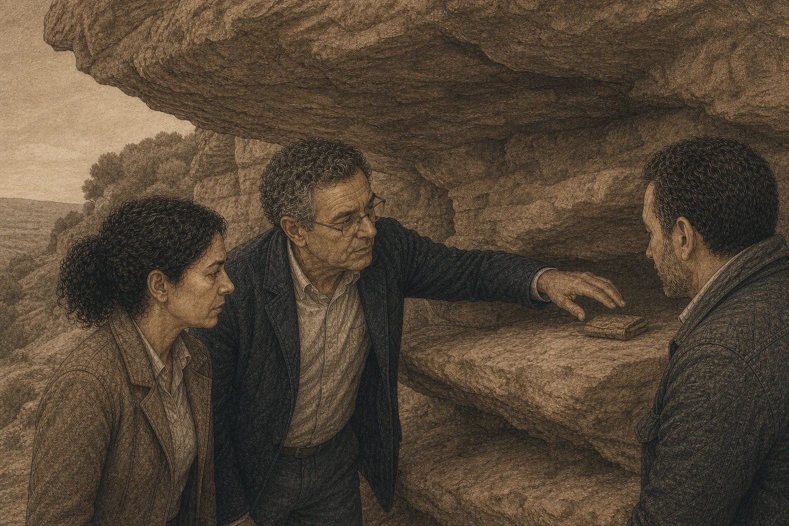 Repisas naturales bajo salientes de rodeno muestran un posible refugio para mensajes.