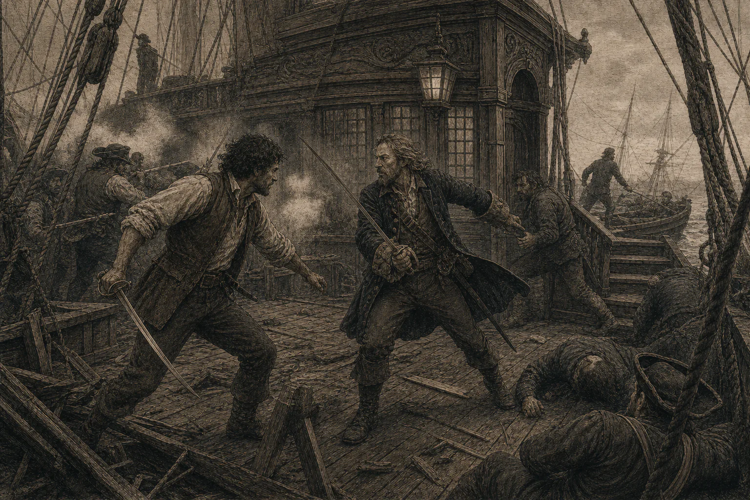 Pere se enfrenta a Charles en la cubierta del navío mientras el combate continúa entre humo y madera astillada.