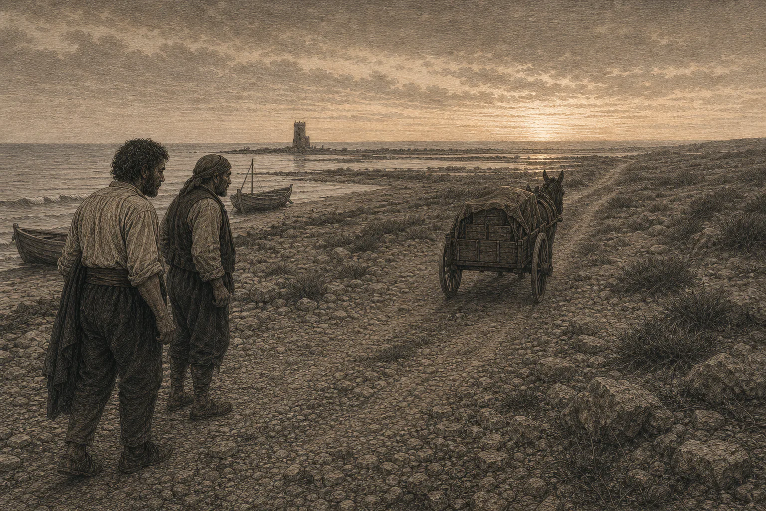 El último carro con las cajas se aleja de Torre la Sal antes del amanecer mientras Pere y Blai permanecen junto a la playa.