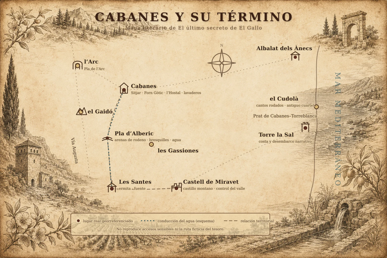 Mapa literario de Cabanes con diez lugares de la novela distribuidos entre la montaña, la villa y la costa mediterránea.