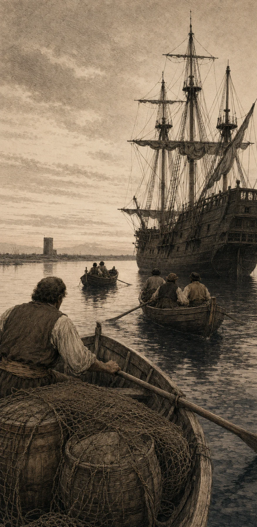 Tres barcas de pescadores se acercan a un navío fondeado frente a la torre de Torre la Sal