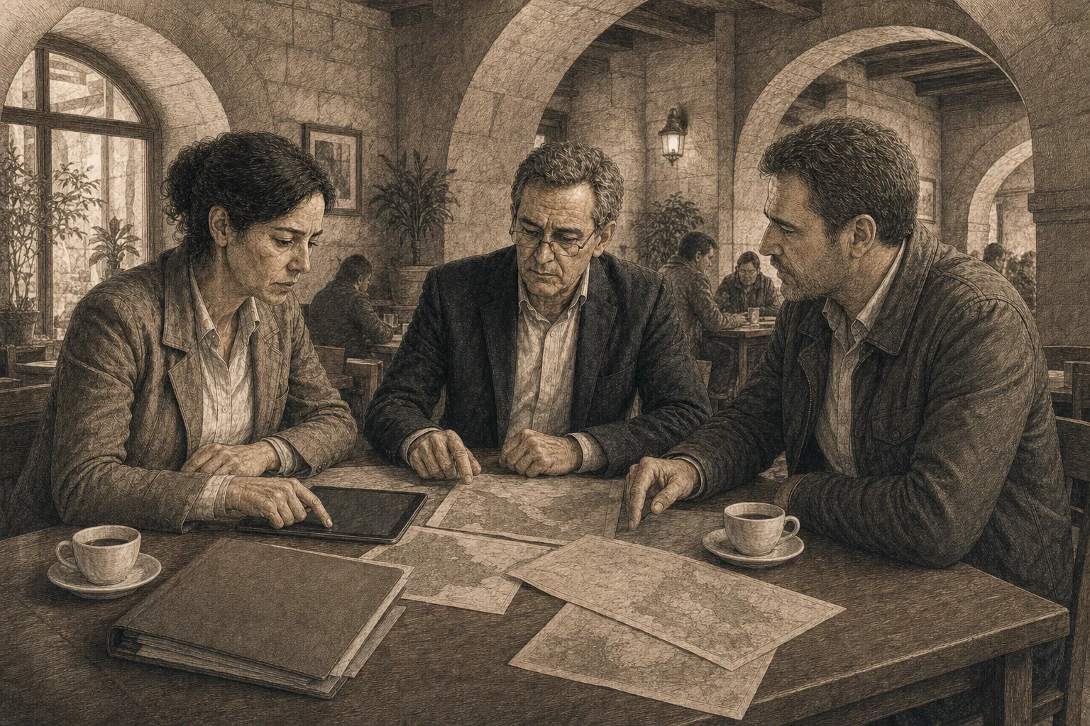 Reunion de investigacion con mapas en un salon de piedra.