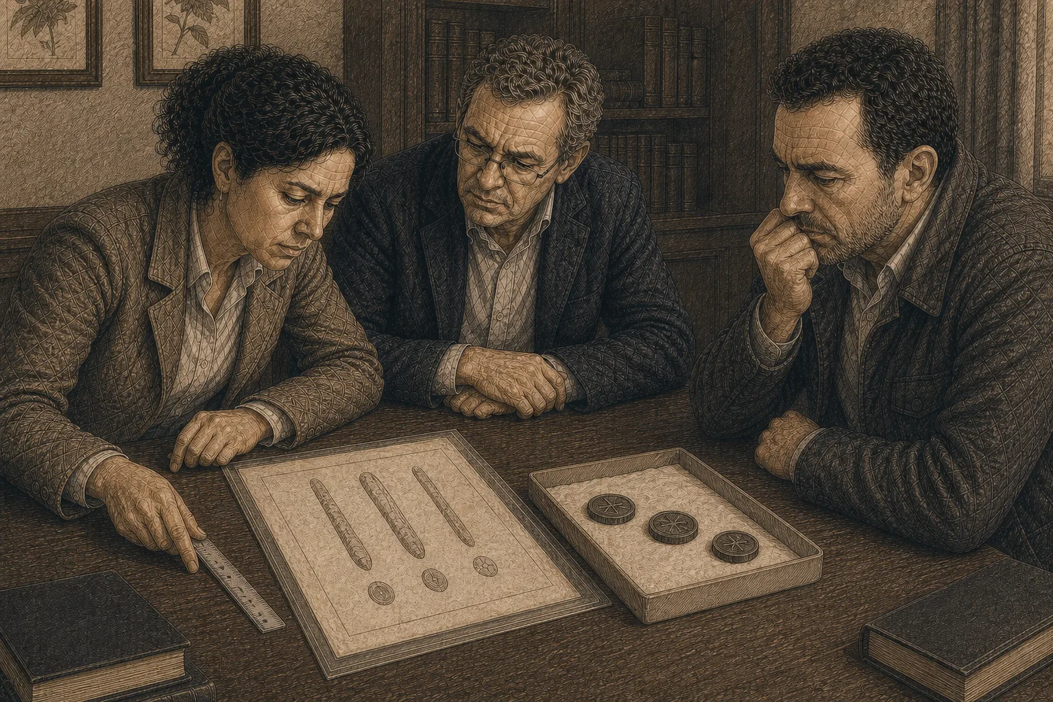 Mesa de trabajo con piezas y marcas de investigacion.