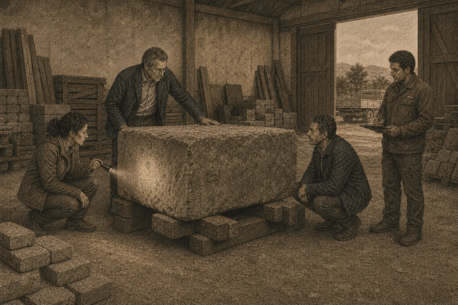 Inspeccion de una gran pieza de piedra en una estancia cerrada.