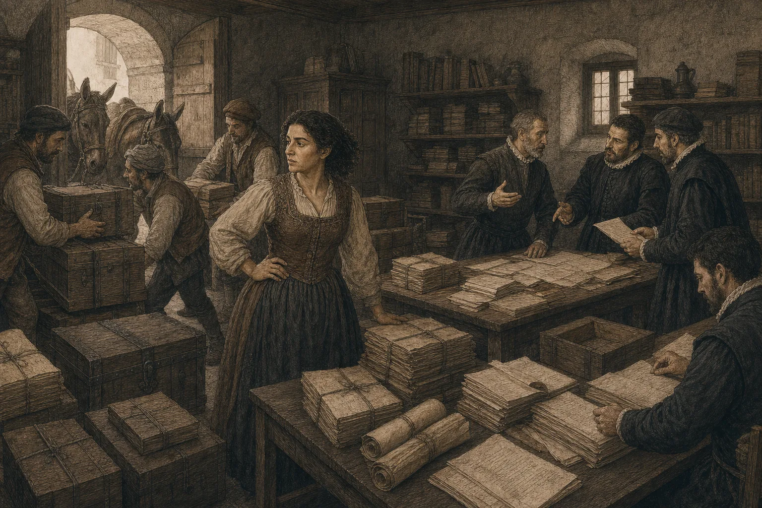 Sala de consulta con vecinos y documentacion historica.
