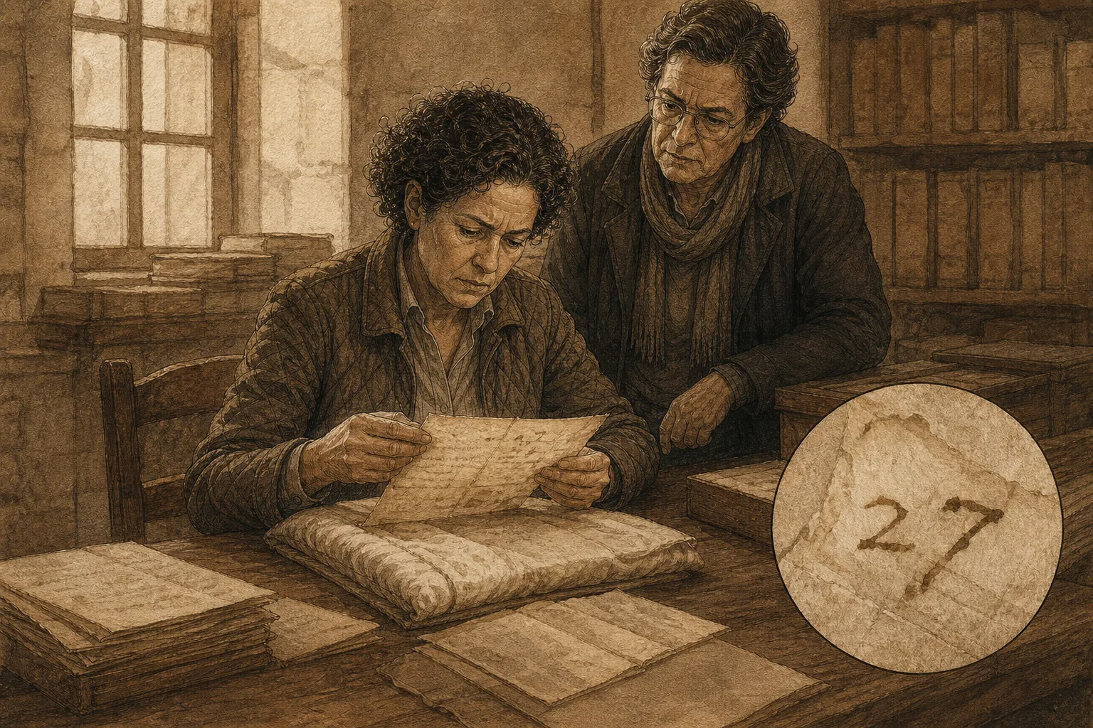 Lectura de documentos antiguos en una mesa de archivo.