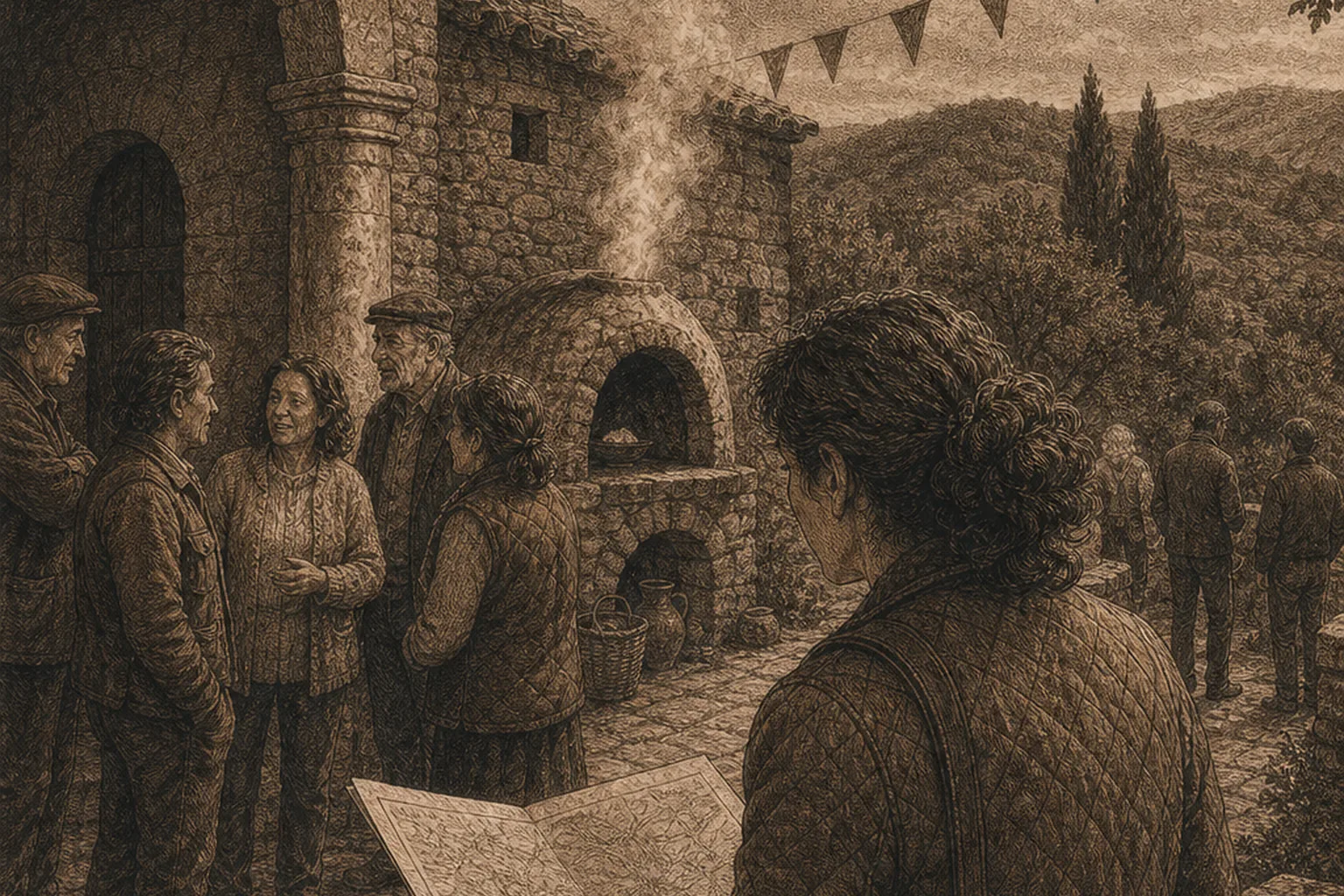 Una persona revisa documentos en una calle historica.