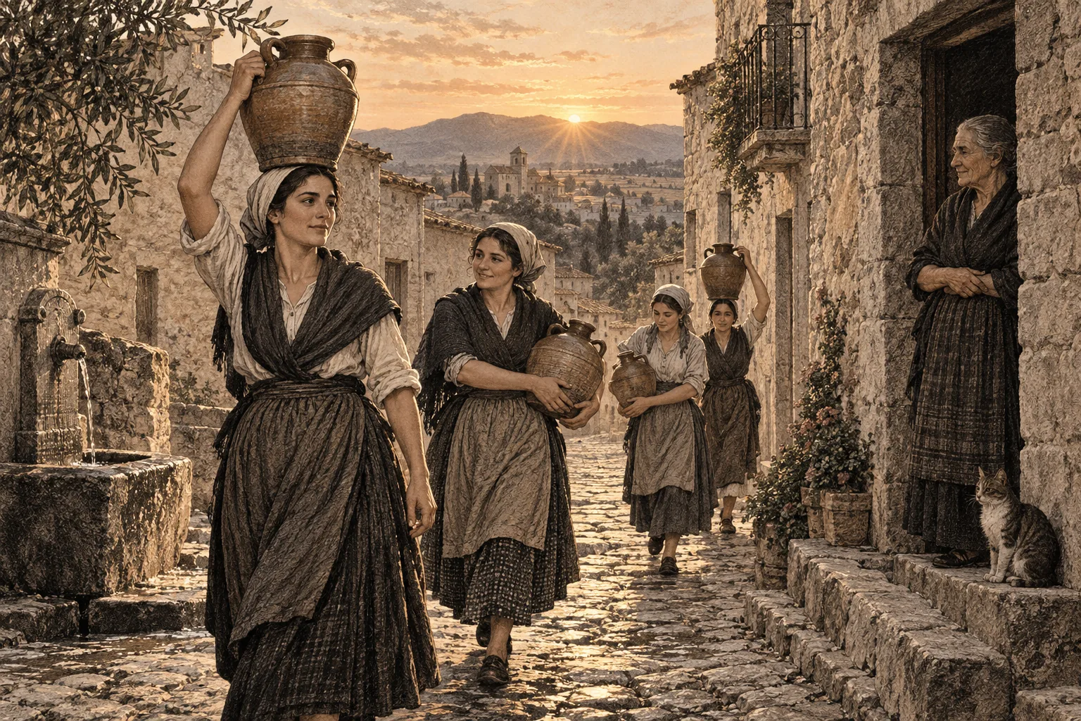 Mujeres transportan cantaros de agua por una calle de piedra.