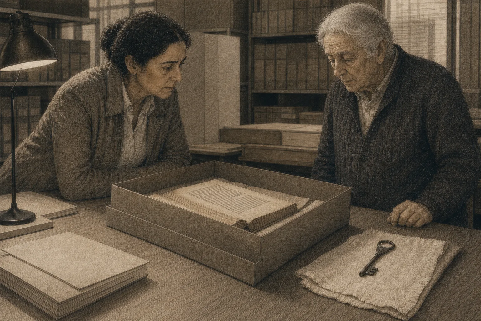 Una caja documental se revisa con cuidado en una sala de archivo.