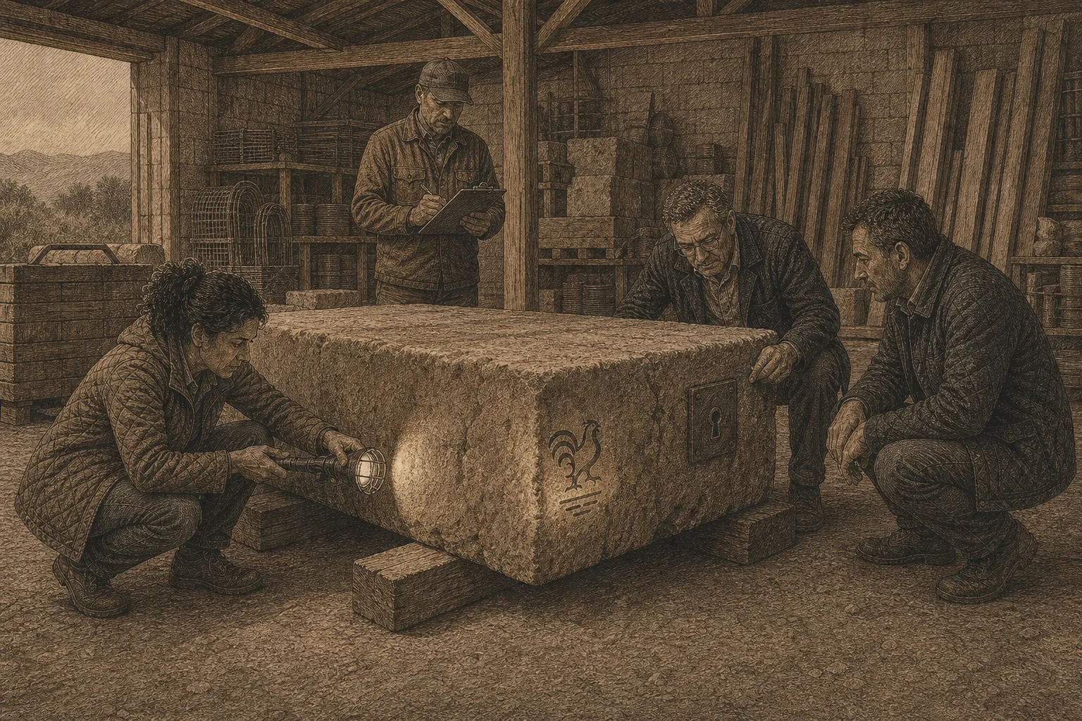 Inspeccion de una gran estructura de piedra en el interior.